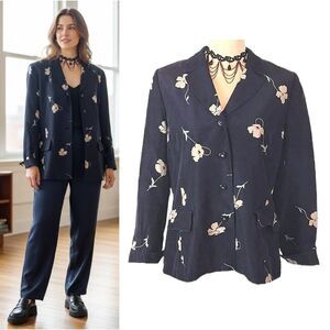 VTG Doncaster 100% Silk Navy Floral Blazer Jacket Gold Crest Button 90s Sz 12